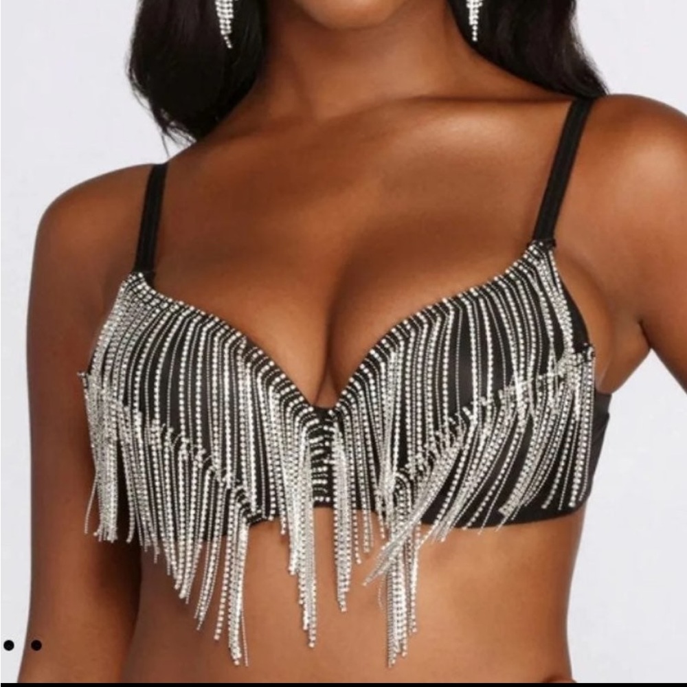 Festive rhinestone fringe black bra